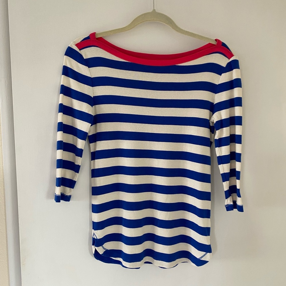 GAP Blue and White Striped Bowery Boatneck Top with Pink Trim size small